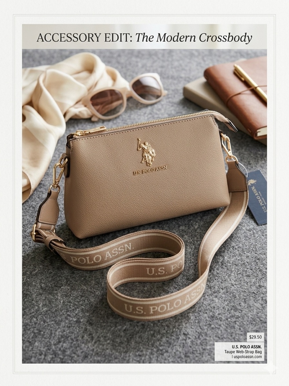 U.S. Polo Assn. Taupe Pebbled Leather Crossbody with Branded Web Strap